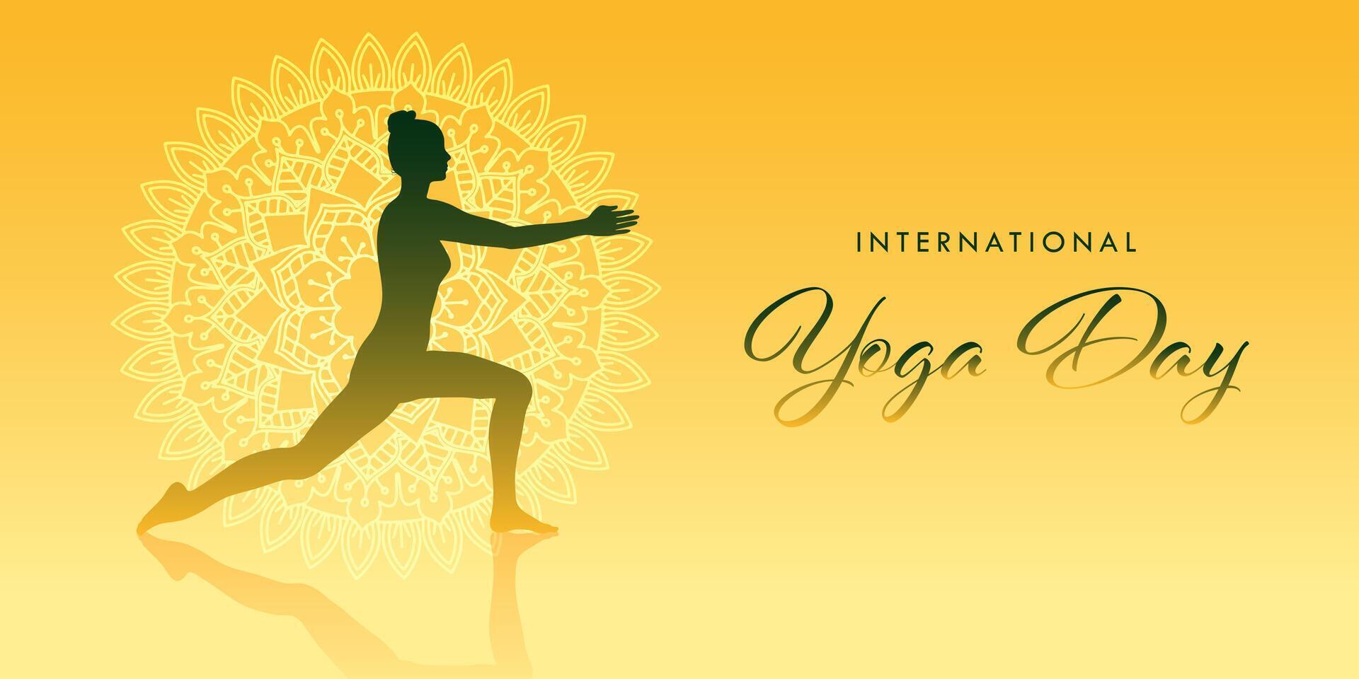 internacional yoga día bandera diseño con silueta de hembra en yoga actitud vector