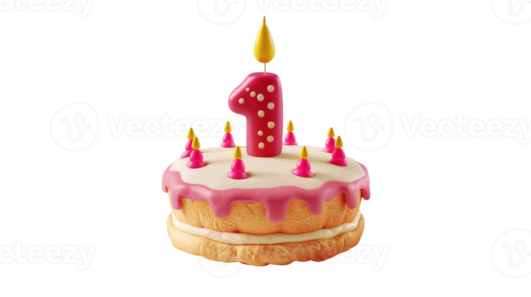 3d cartoon birthday cake with candle in shape of number one on Transparent Background, Format png