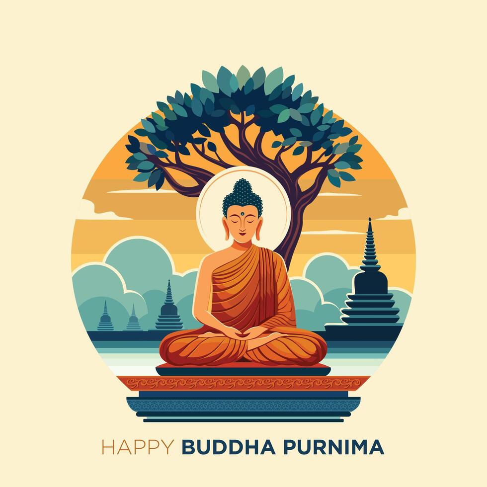 ilustración de Buda sentado debajo un bodhi árbol. montaña templo antecedentes. Buda purnima. asadha purnima vector