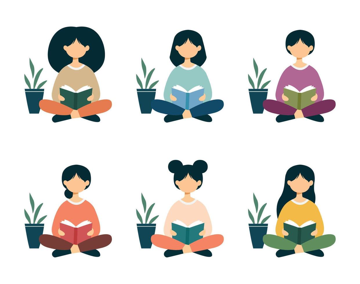 Set of a girl reading book with different hair style and colors. world book day concept. vector