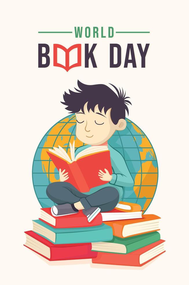World book day illustration. A boy is reading a book, a globe is behind the boy. Book cover, poster, banner design. vector
