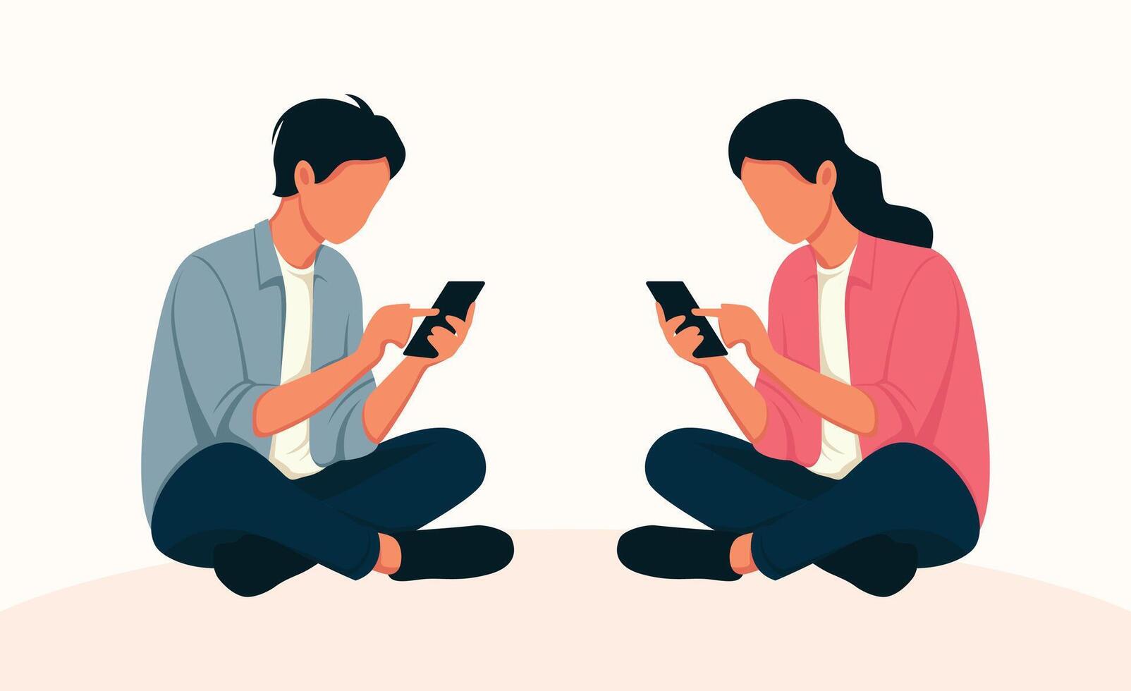 Illustration of two young people using mobile phone the sitting on floor. vector