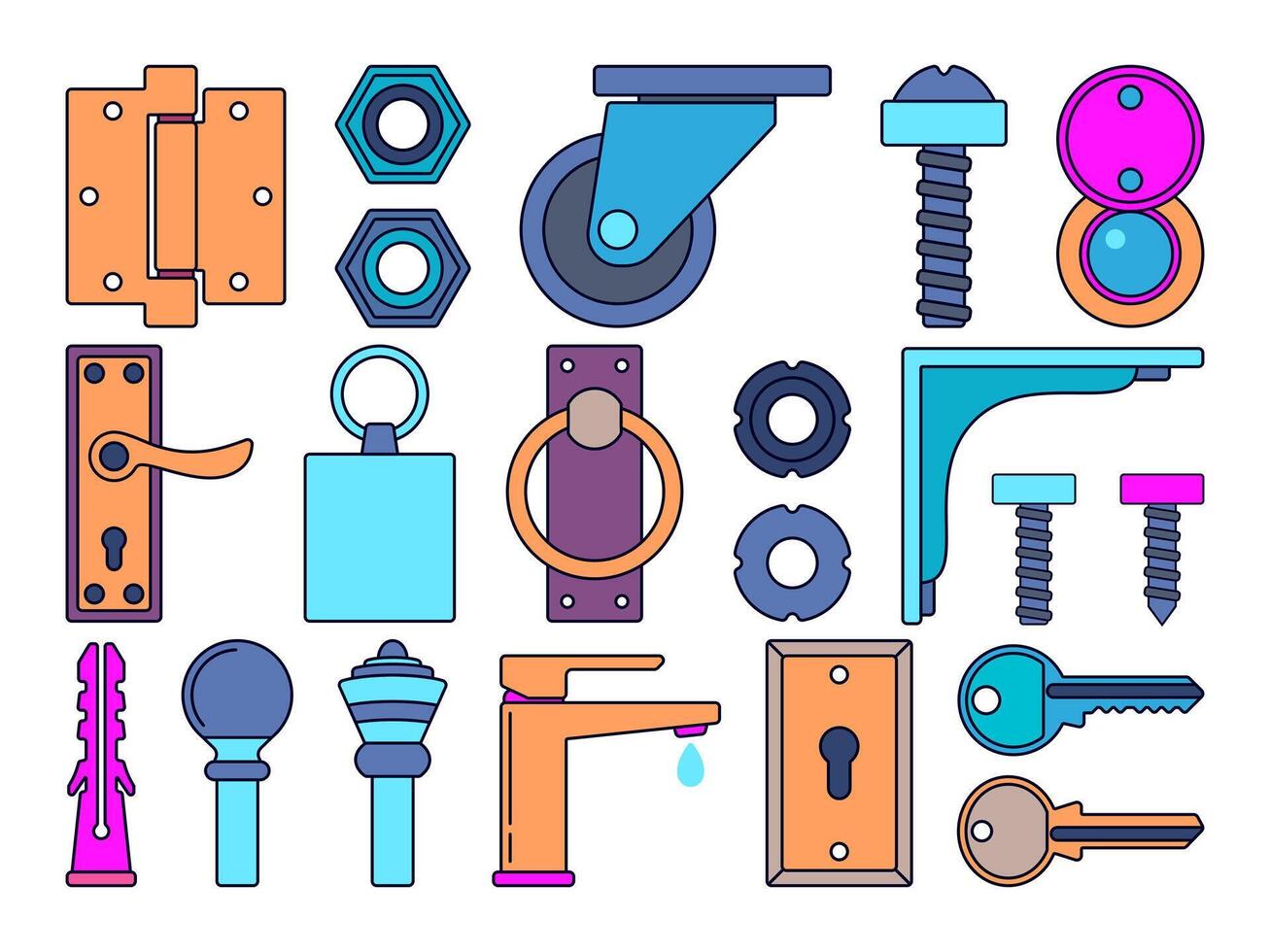 Ironmongery Element Illustration set. Different types of hardware and tools presented on a white background. vector