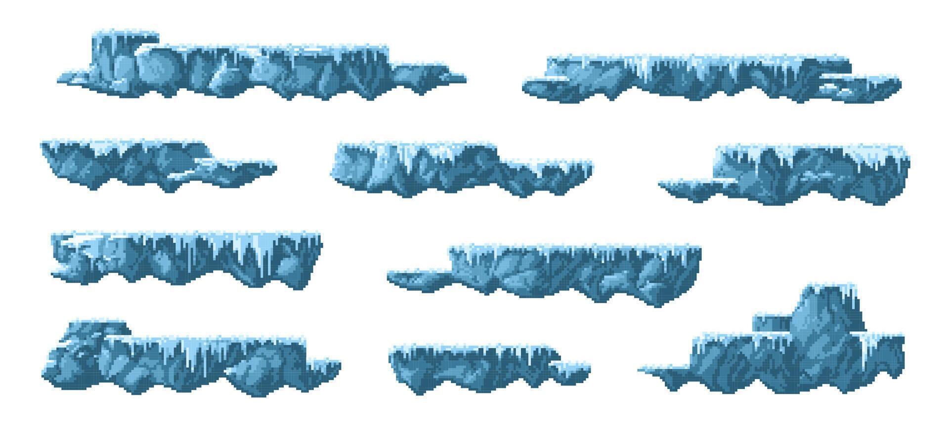 8bit arcade pixel art game ice and snow platforms vector