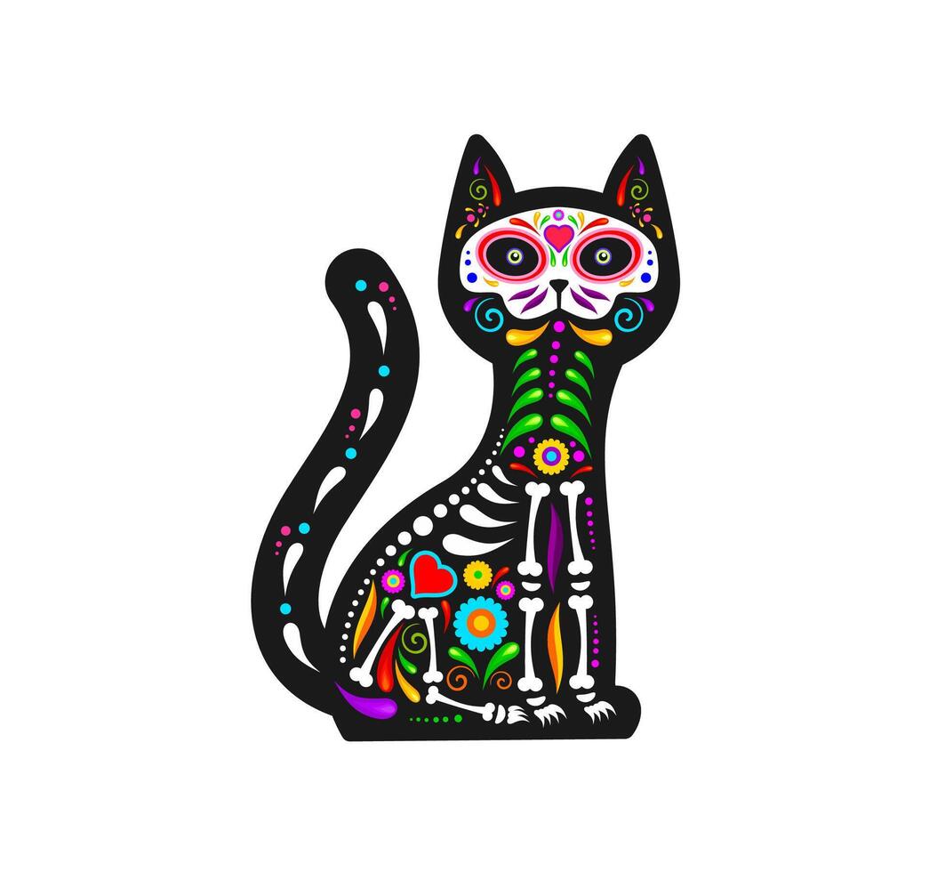 mexicano día de muerto, gato animal con cráneo, tatuaje vector