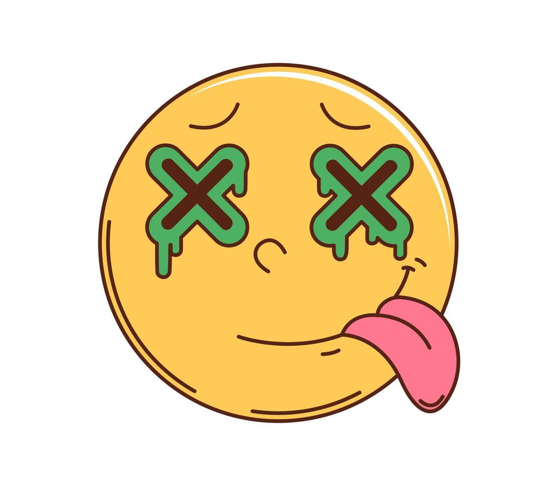 Cartoon retro hippie groovy dead smile face emoji vector