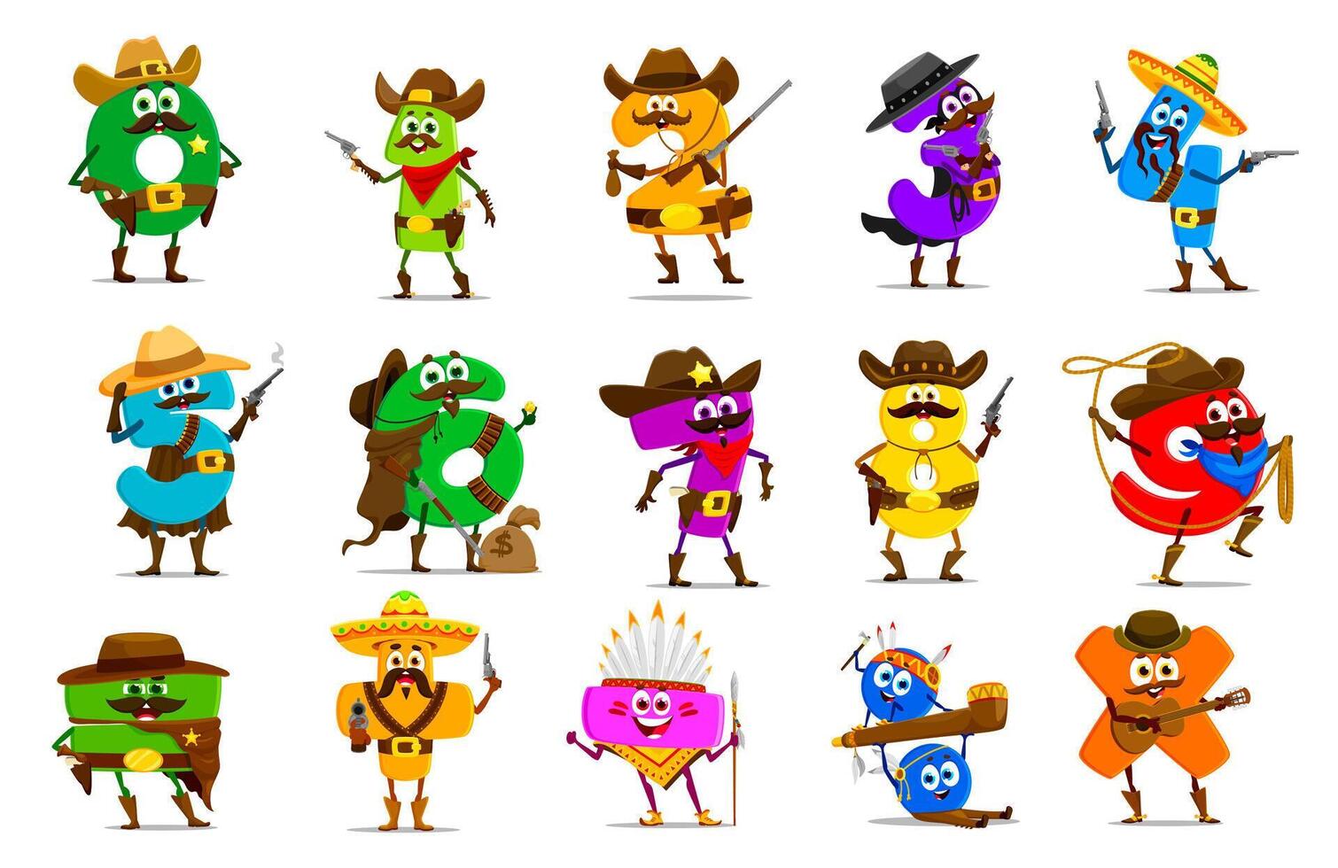 Cartoon cowboy, native american math numbers vector
