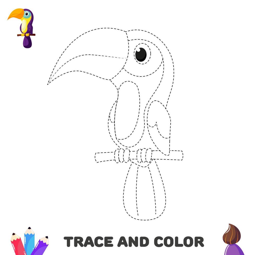 Activity worksheet for kids. Trace and color toucan. Handwriting practice page vector