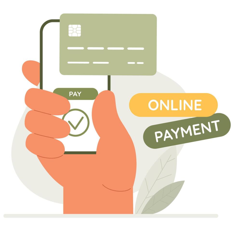 Online payment concept using phone app and bank card. Big hand hold phone vector