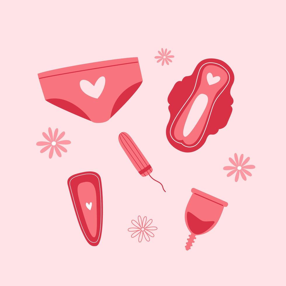 Set of menstruation period products. Pants, pads, tampon and daily pad, full menstrual cup. vector