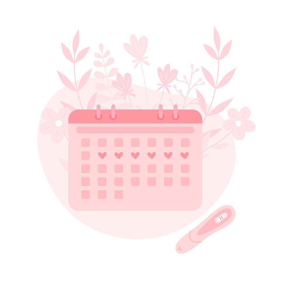 Menstrual Period calendar with floral background and test. Planning pregnancy. Menstruation woman cycle control vector