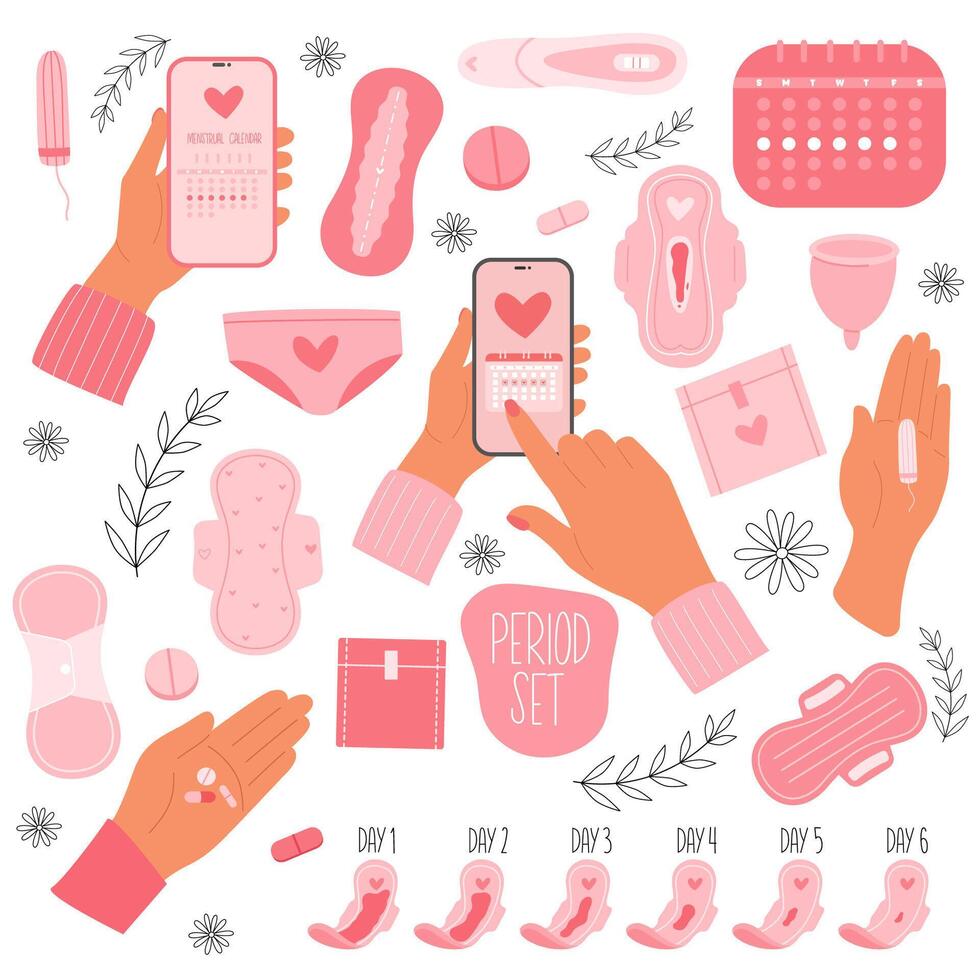 Set of women menstrual cycle. Menstruation. Period. Various menses products vector