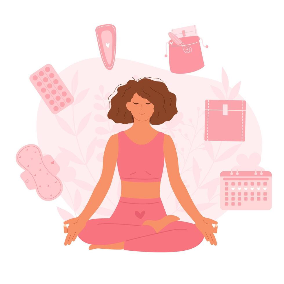 Girl sitting in meditation pose with menstrual products around. Menstruation set for woman hygiene vector