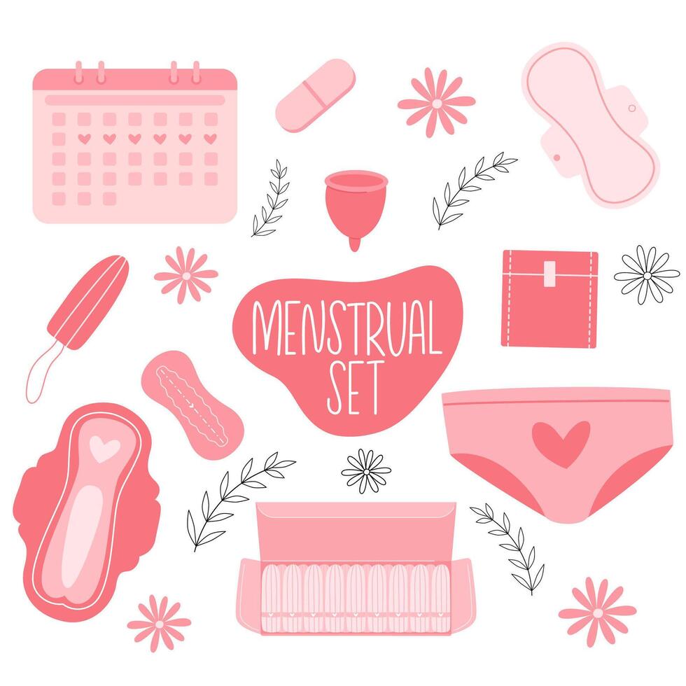 Menstrual cycle set. Menstruation calendar. Period. Menses products vector