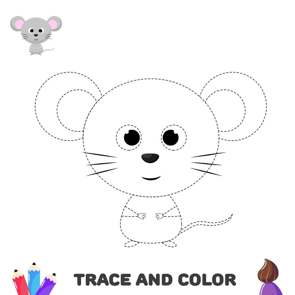 Trace and color mouse. Handwriting practice for preschoolers. Activity color pages vector