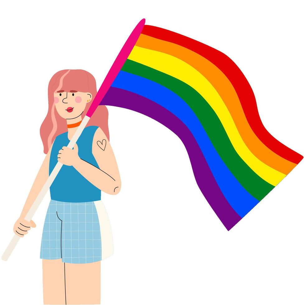 Woman holding a rainbow flag. Pride month banner. LGBT community. vector