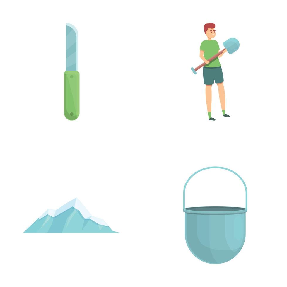 Mountaineering icons set cartoon . Man with camping equipment vector