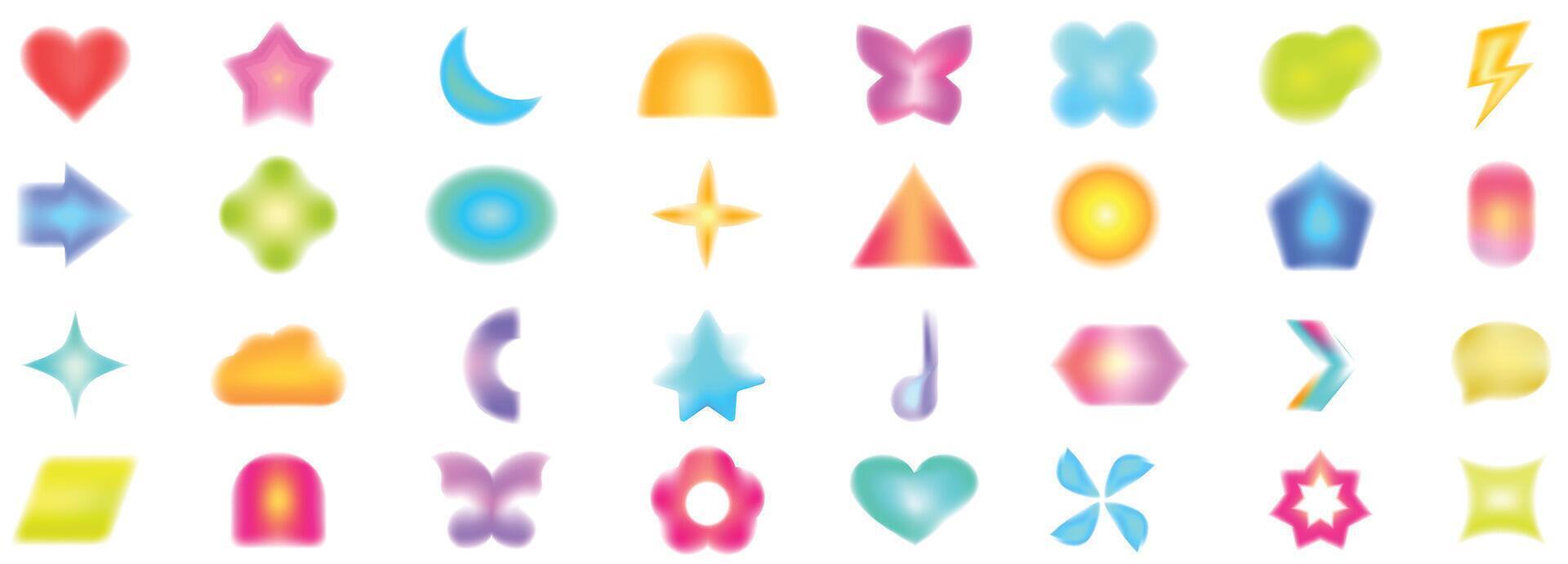 Y2k aura icons set cartoon . Abstract blur vector