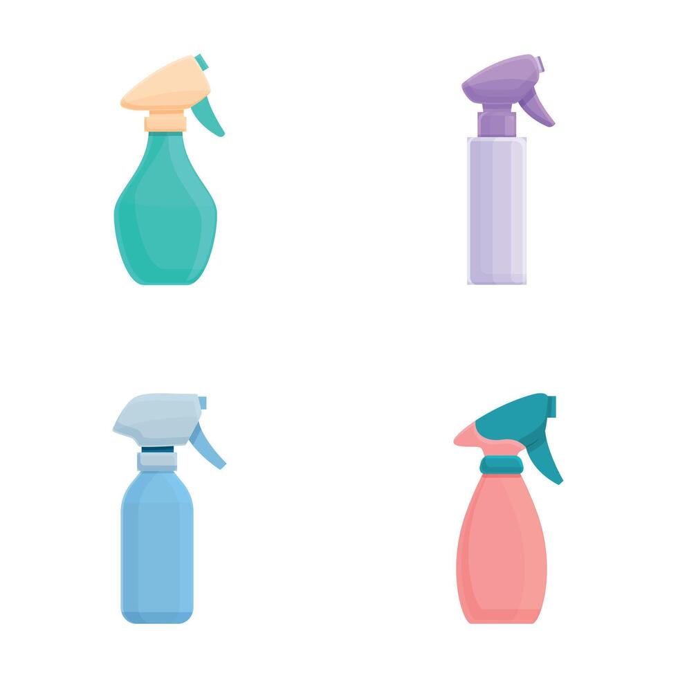 Plastic bottle icons set cartoon . Cleaning spray bottle container vector