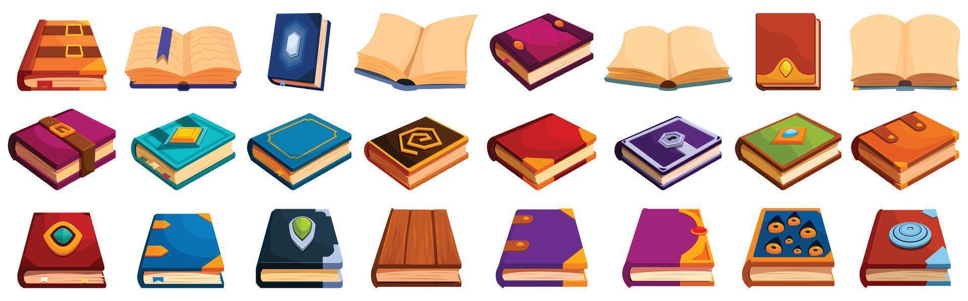 Fantasy paper book icons set cartoon . Hard cover vector