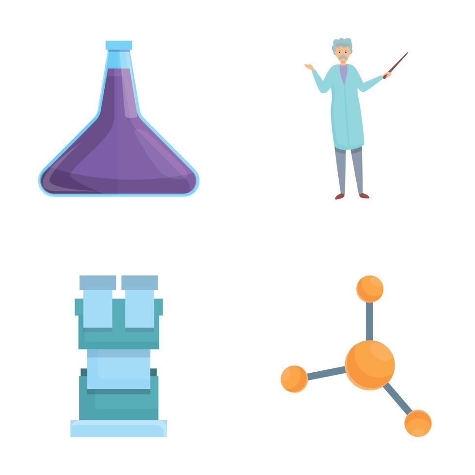 Chemistry icons set cartoon . Man scientist in laboratory vector