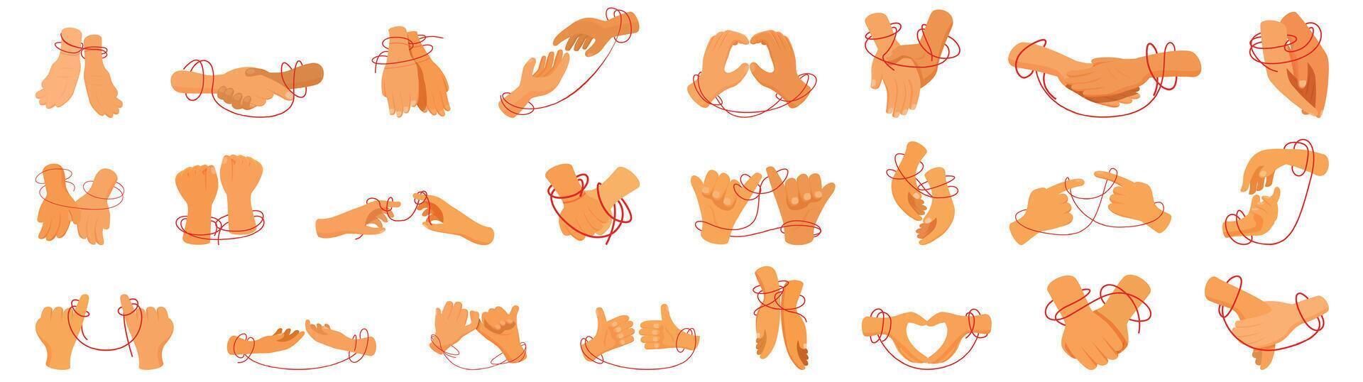 Hands tied red thread icons set cartoon . Female wrist vector