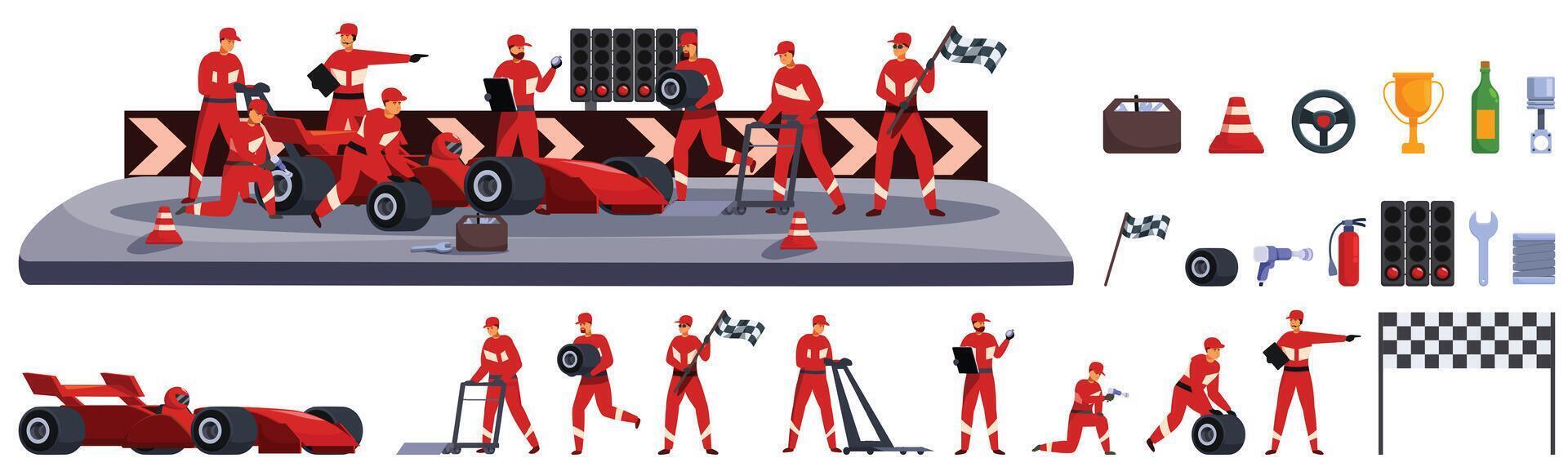 Racing car pit stop icons set cartoon . Crew performing vector