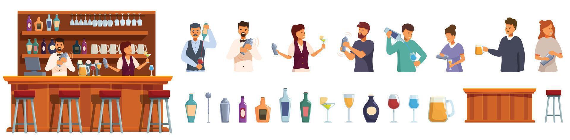 Bartender making cocktail icons set cartoon . Pub counter vector