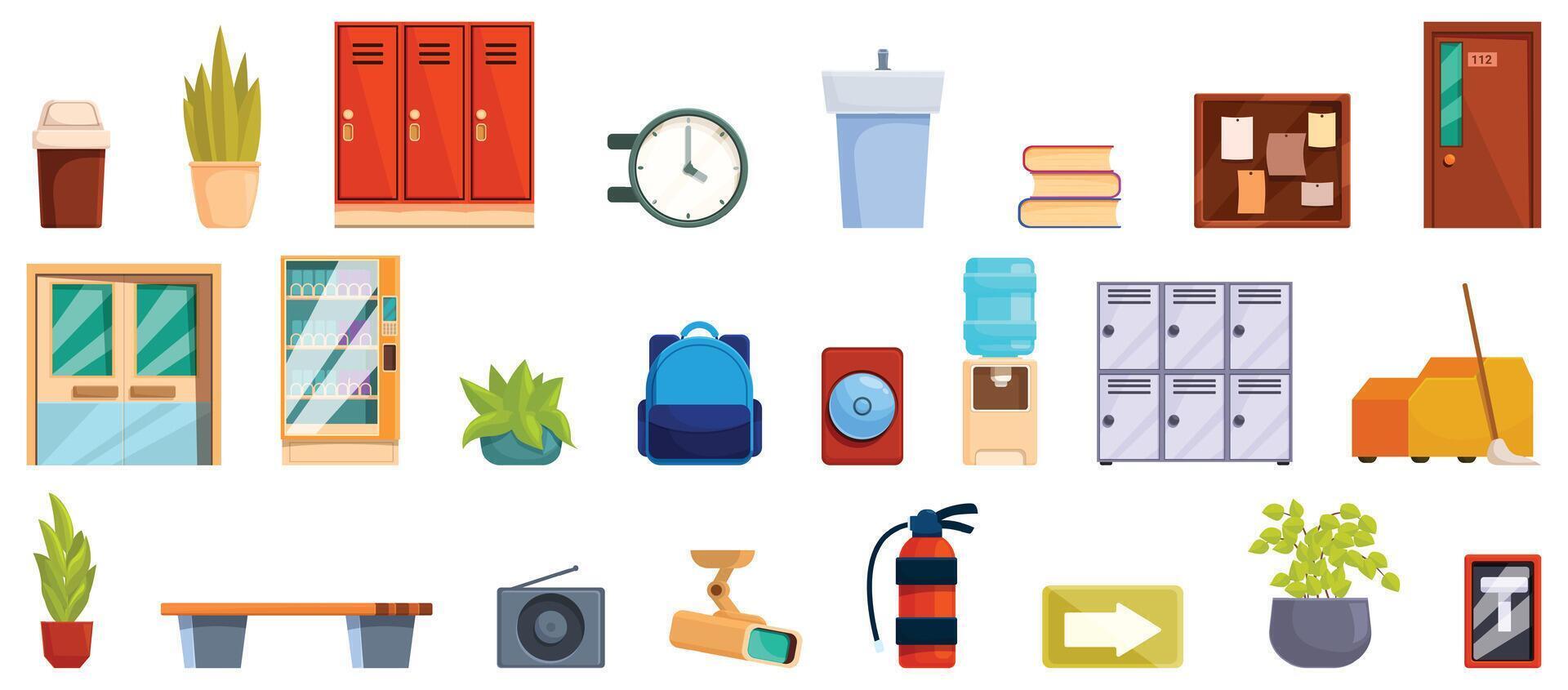 School hallway icons set cartoon . Alarm bell vector