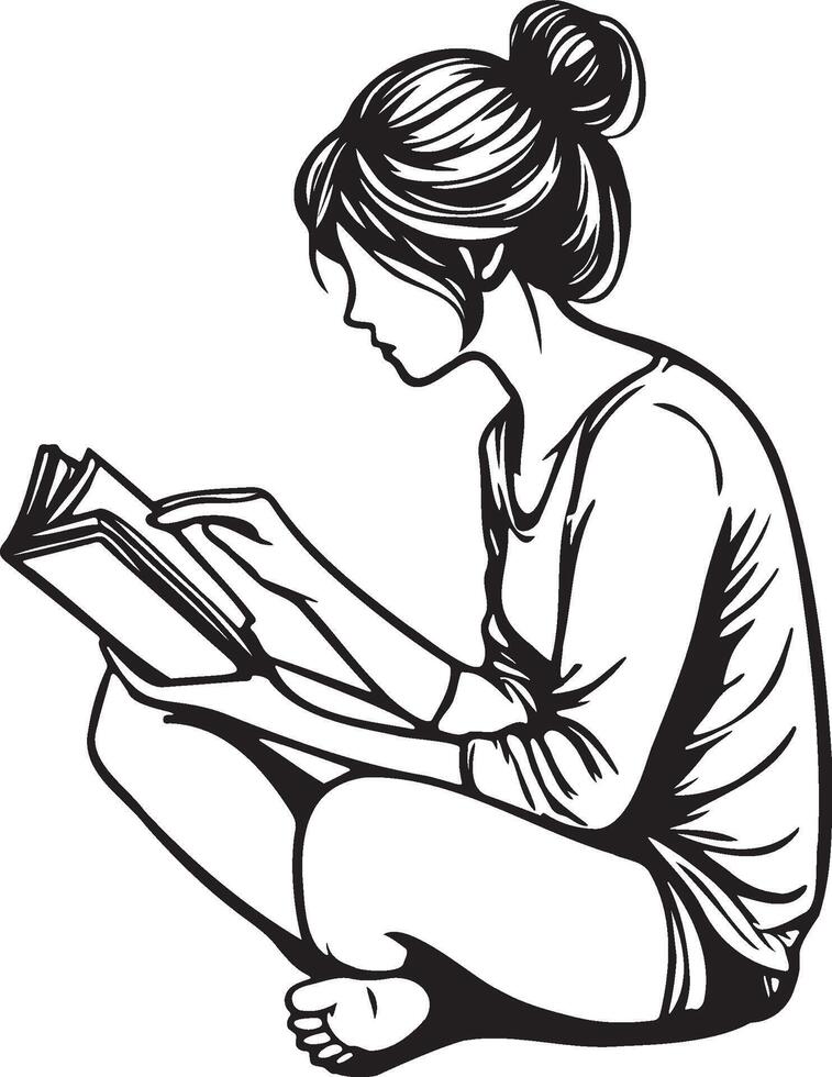 Woman Read Book Sketch Drawing. vector