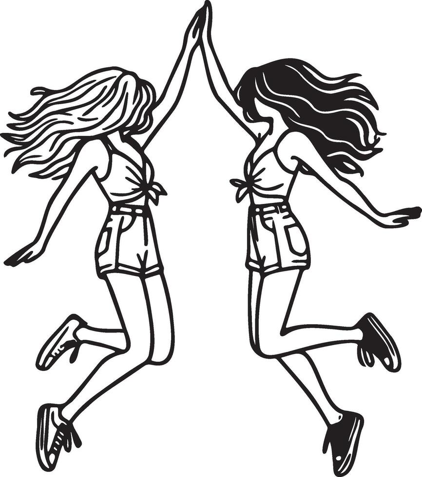 Girl Friends Jumping Sketch Drawing. vector