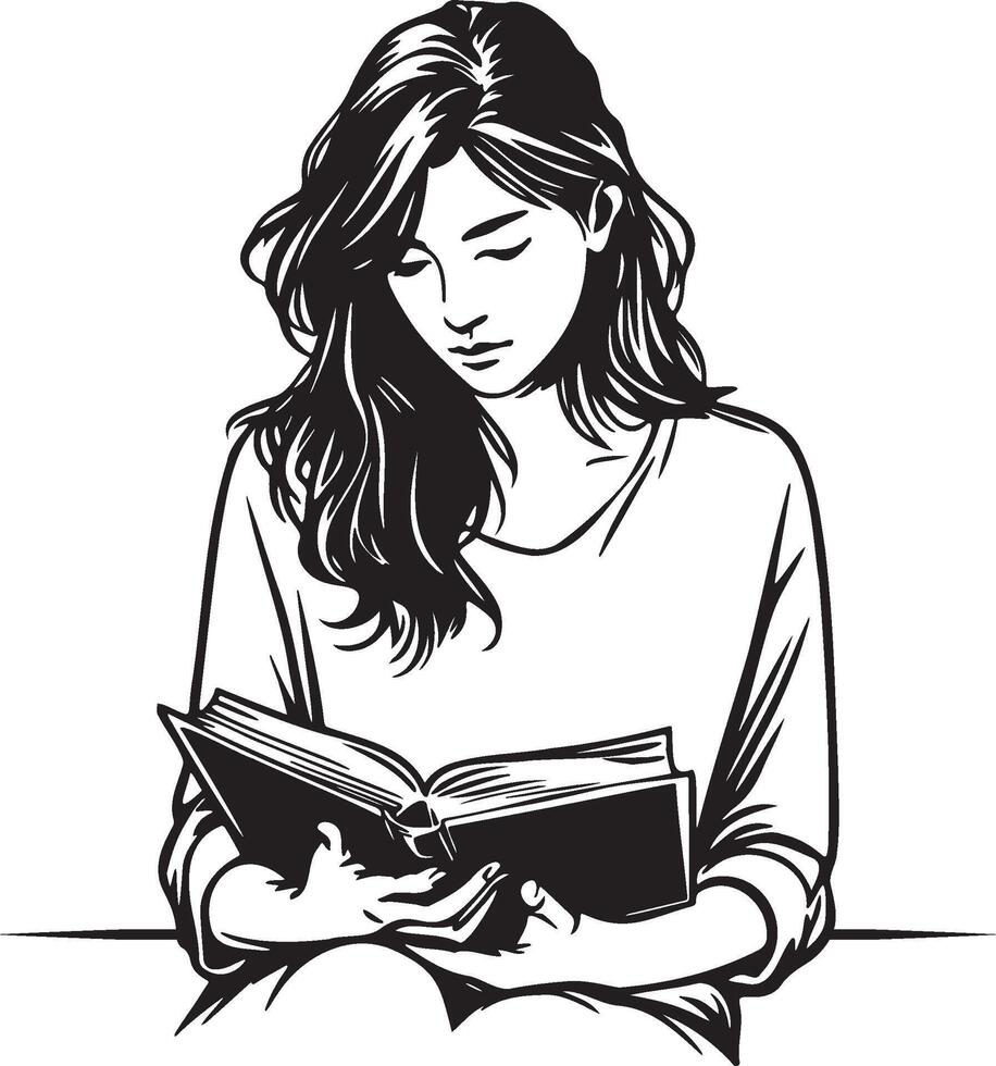 Woman Read Book Sketch Drawing. vector