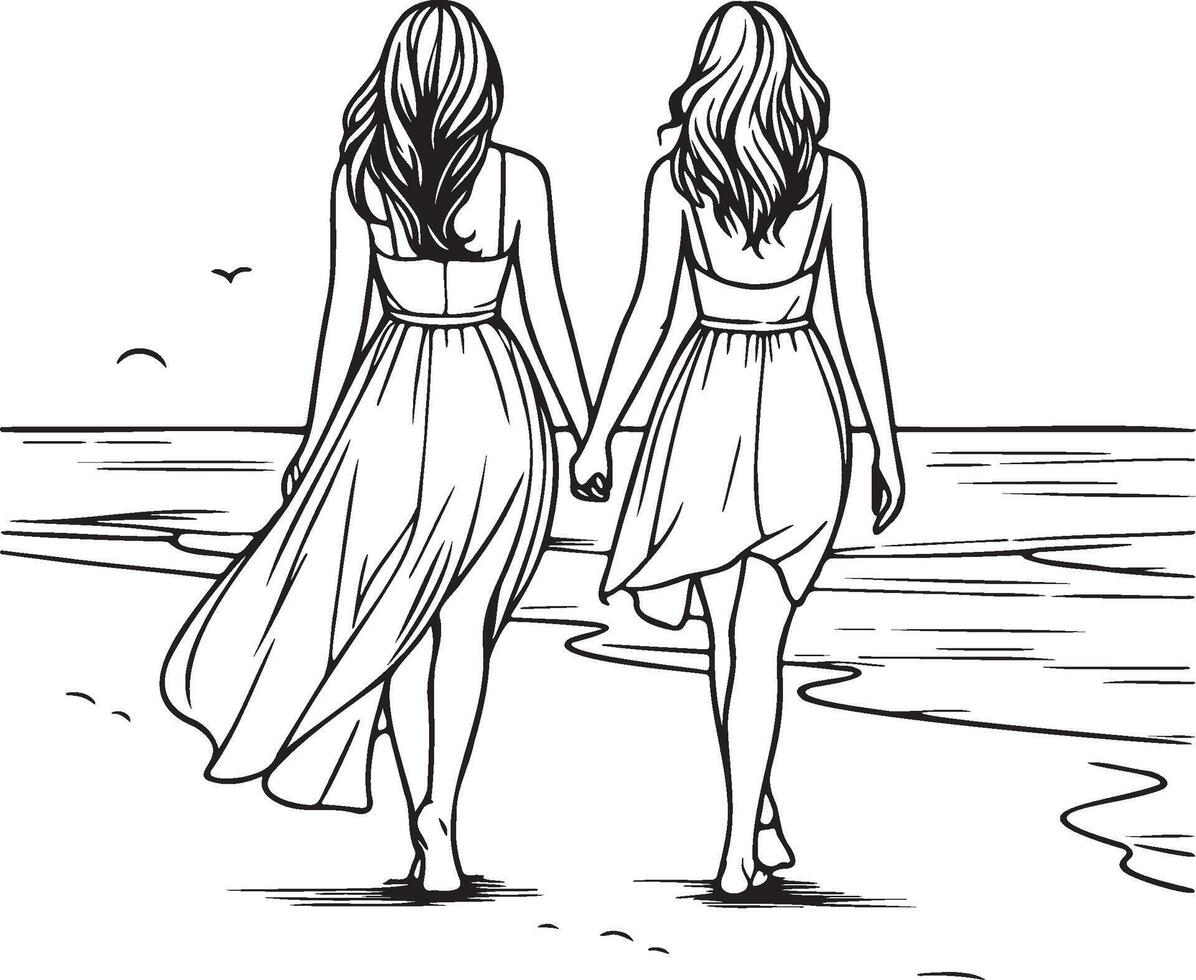 Girl Friends Walking on Beach. vector