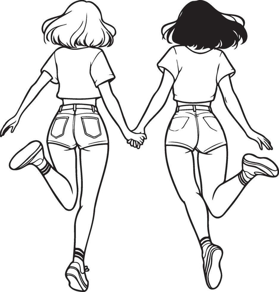 Girl Friends Jumping Sketch Drawing. vector