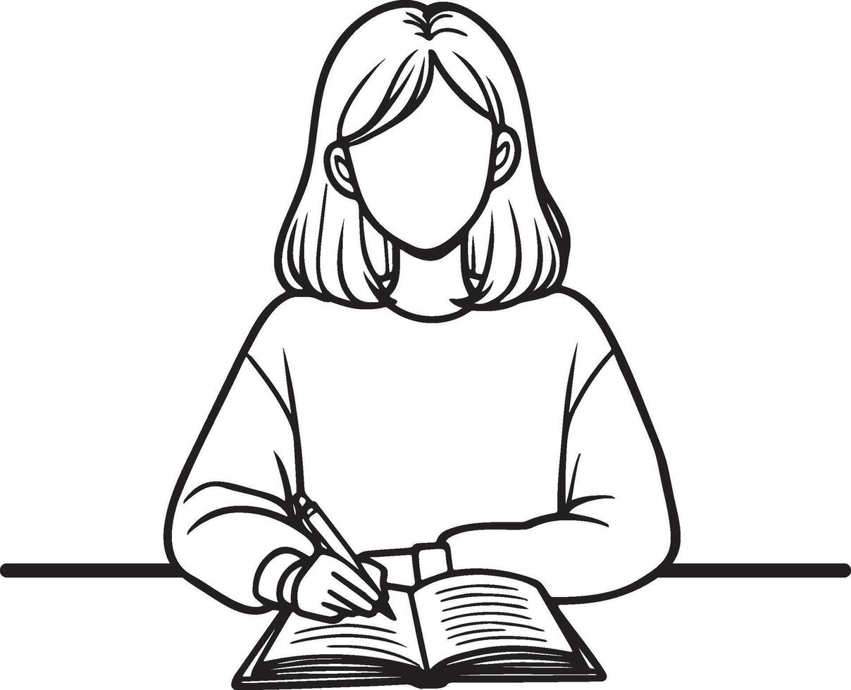 High School Female Student Read Sketch Drawing. vector