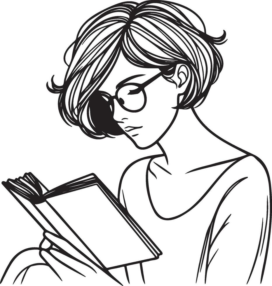 Woman Read Book Sketch Drawing. vector