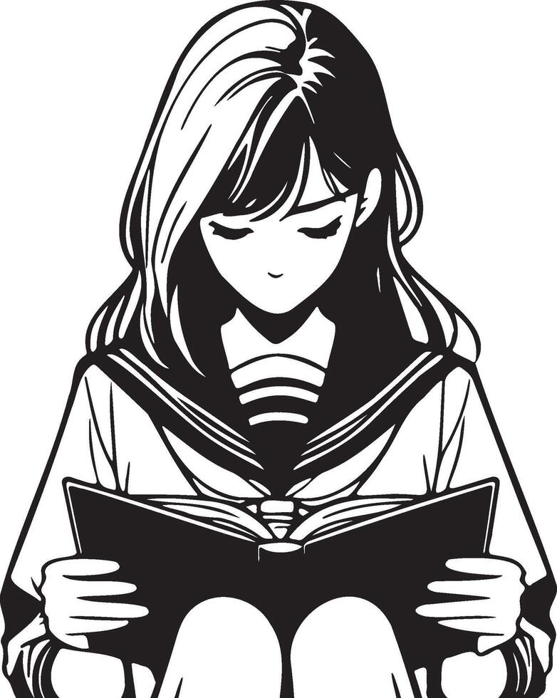 High School Female Student Read Sketch Drawing. vector