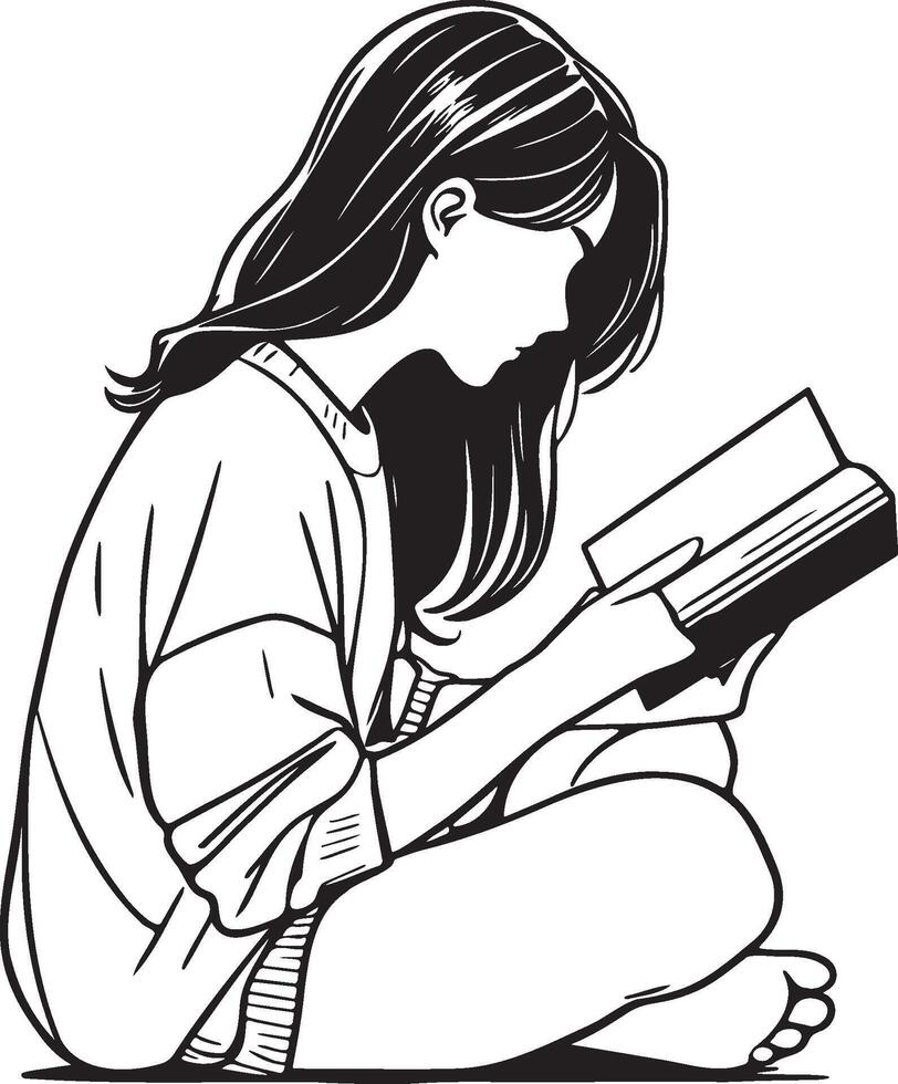 Woman Read Book Sketch Drawing. vector