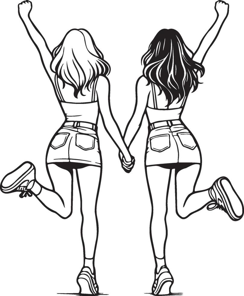 Girl Friends Jumping Sketch Drawing. vector