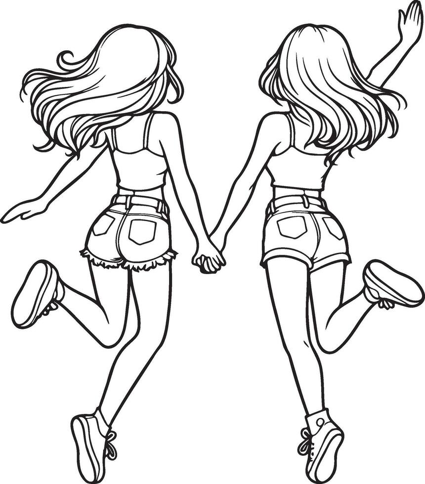 Girl Friends Jumping Sketch Drawing. vector