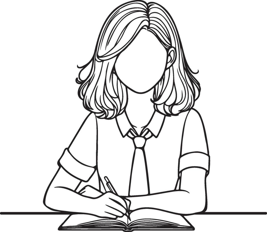 High School Female Student Read Sketch Drawing. vector