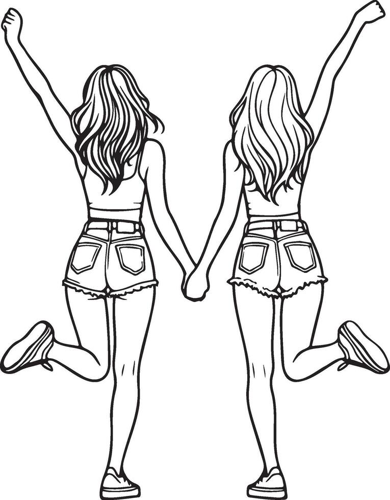 Girl Friends Jumping Sketch Drawing. vector