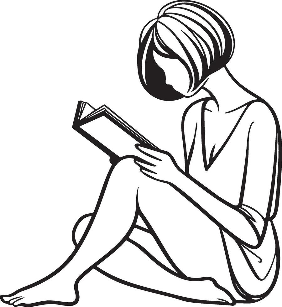 Woman Read Book Sketch Drawing. vector