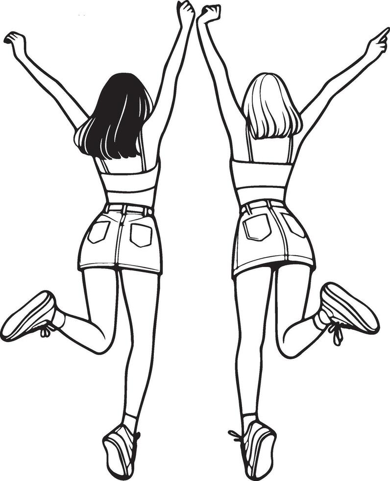 Girl Friends Jumping Sketch Drawing. vector