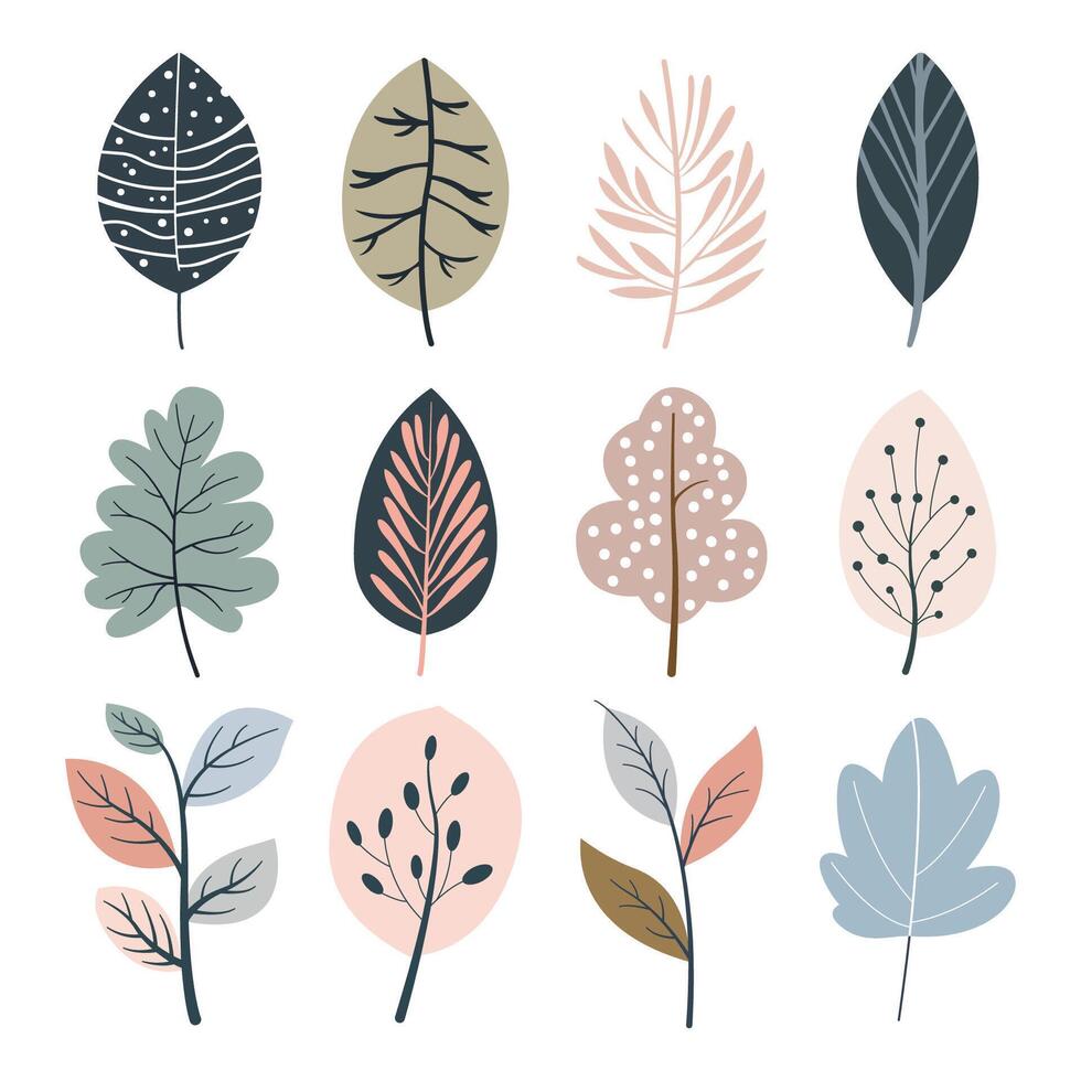 Various Leaves in Pastel Colours Flat Illustrations. Perfect for different cards, textile, web sites, apps vector