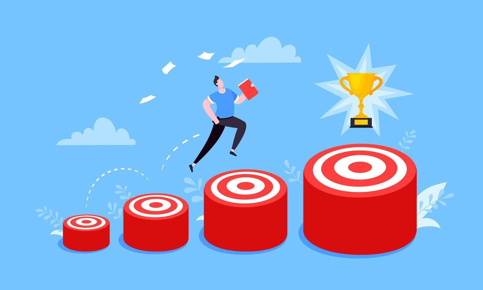 Businessman runs and jumps from small target goal to reach bigger target goal achievement. vector