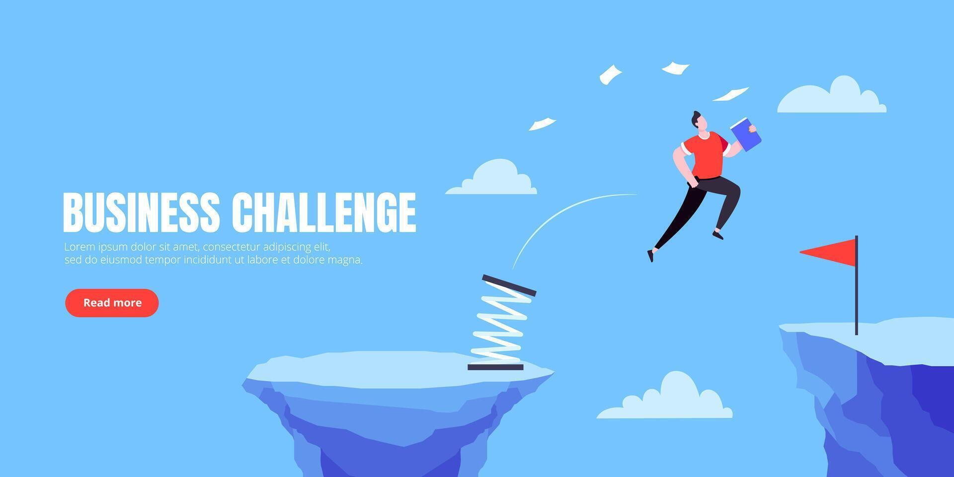 Businessman jumps over the abyss across the cliff flat style design illustration. Business concept of fearless businessman with huge courage. Risk, goal achievement, work obstacles and success. vector