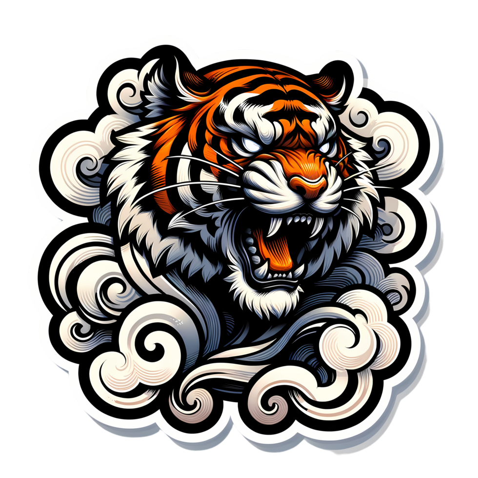 Roaring Tiger with Swirling Clouds Illustration png