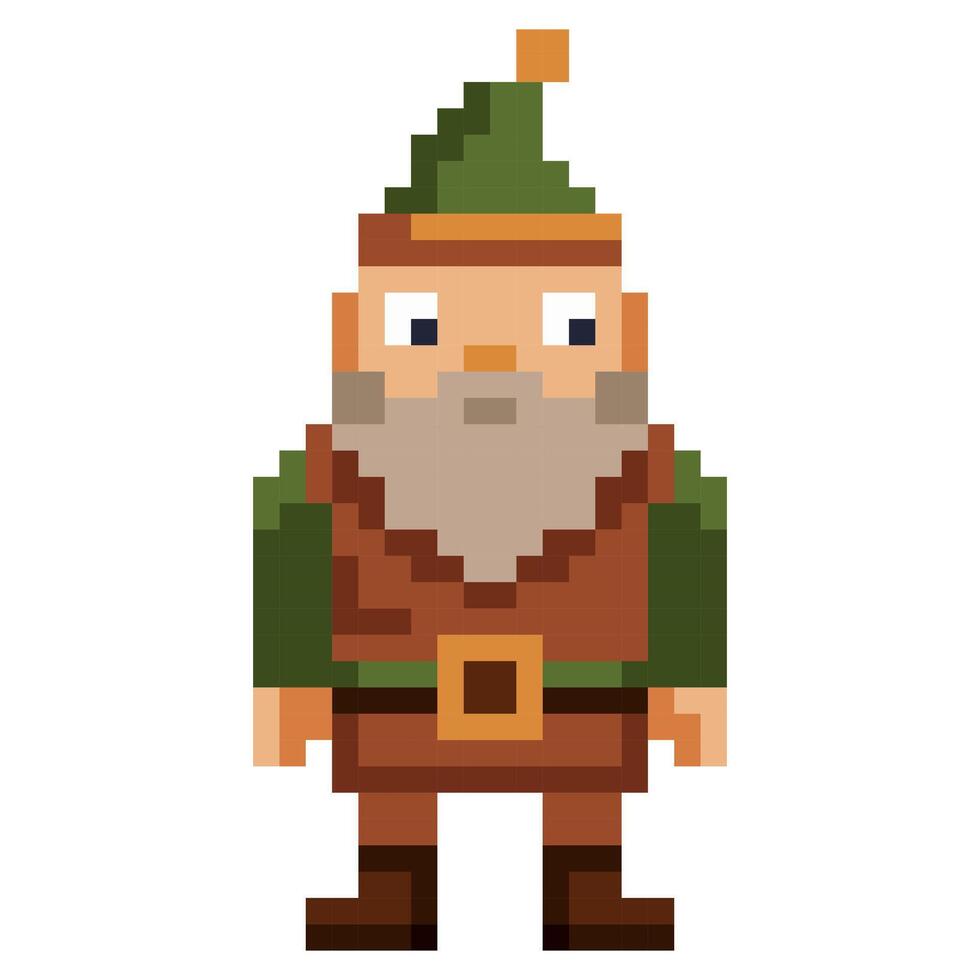 Pixel art bearded gnome isolated on white background. 8 bit leprechaun logo. Fairy tale character. Dwarf mascot vector