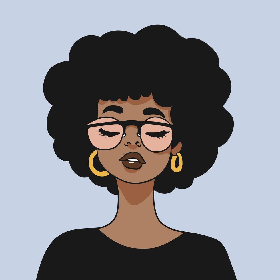 joven negro mujer retrato. hermosa africano americano con Rizado pelos, Gafas de sol y dorado pendientes vector